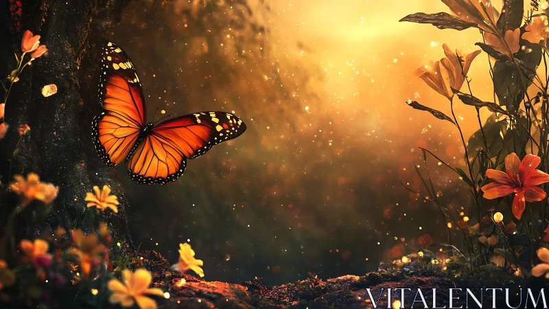 Radiant monarch butterfly hovers in backlit amber forest air