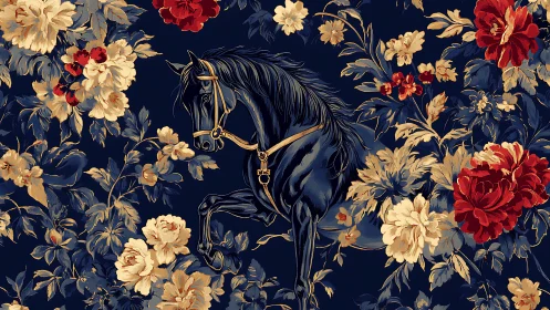 Dark stallion among ornate florals on deep navy ground.