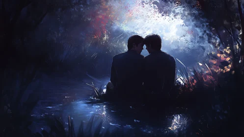 Two figures silhouetted in a glowing cave tunnel