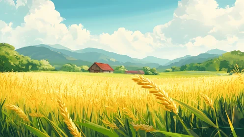 Sunlit wheatfield and distant barns under rolling hills.