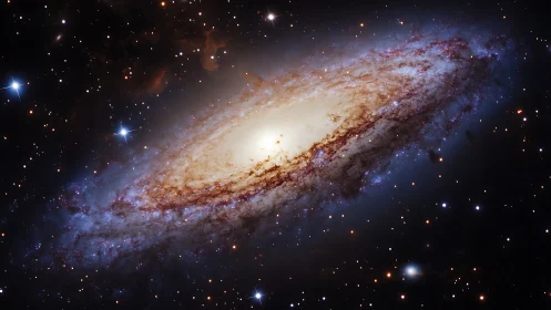 Spiral galaxy core glows through dust-rich starfield.