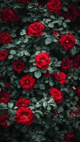 Densely Layered Red Rose Garden with Deep Green Foliage Structure.