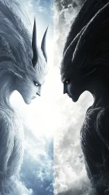 Celestial light and shadow beings confront in swirling clouds.