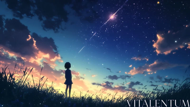 Silhouetted child viewing starry twilight sky and meteors.