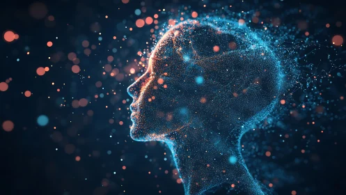 Human head silhouette formed by floating digital particles