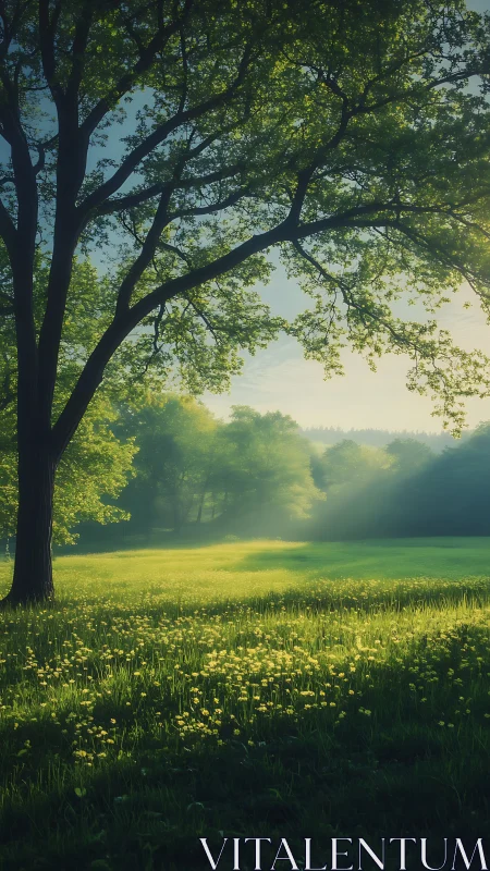 Golden Hour Meadow: Sunlit Landscape Through Majestic Oak.