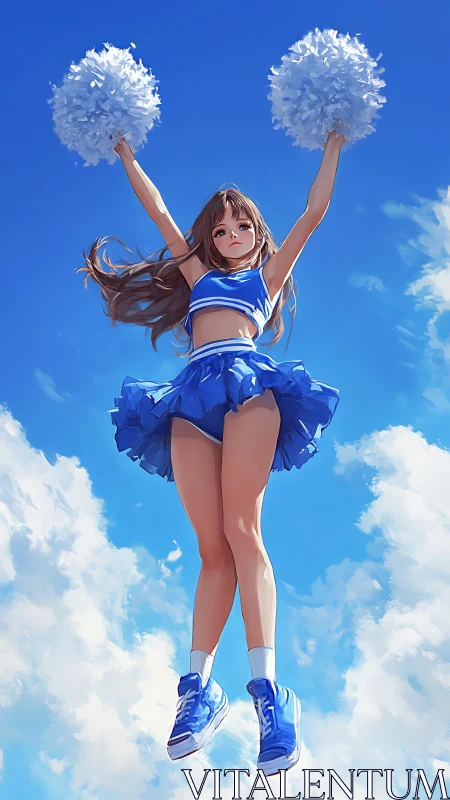 Sky-high cheerleader leaping into a bright summer day.