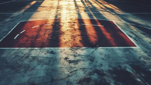 Golden evening shadows paint a quiet outdoor basketball key