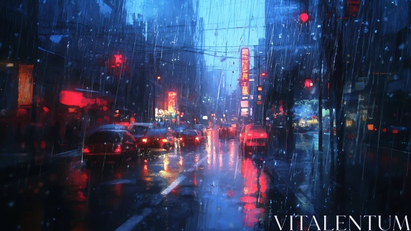 Neon city street glows through dense nocturnal rainfall.
