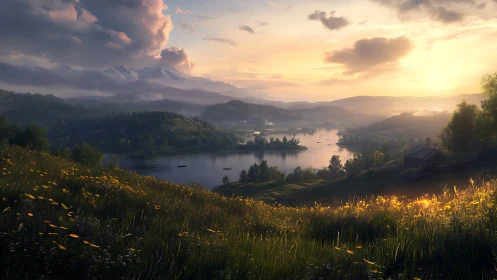 Digital landscape panorama with luminous alpine lakes at dusk.