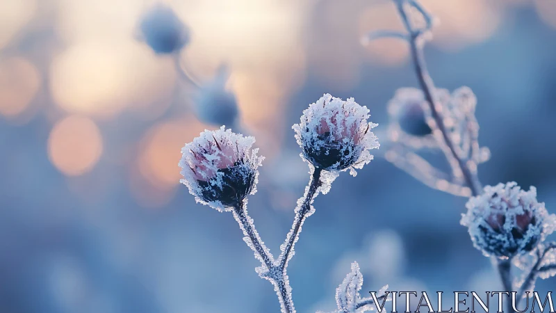 Frost-covered flower buds glistening in winter morning light
