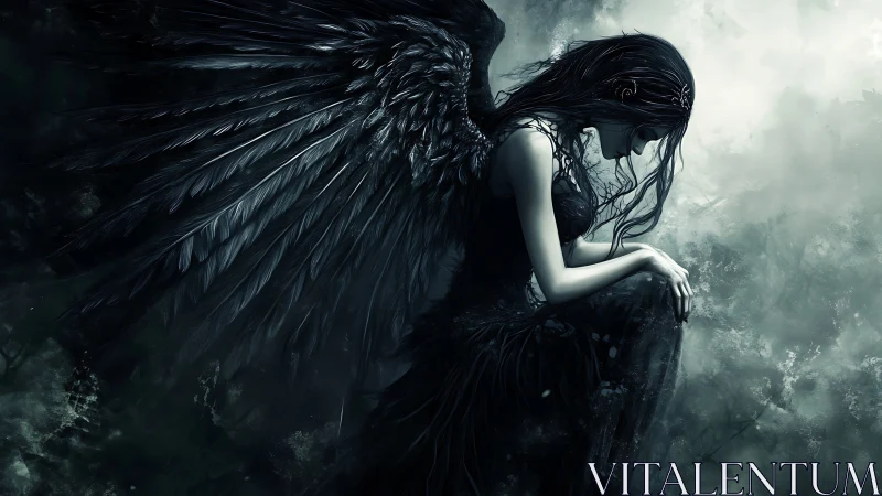 Fallen dark angel kneels in a storm of sorrow and shadow