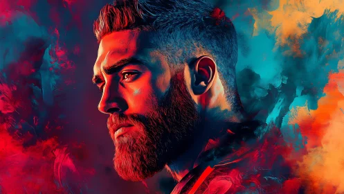 Neon-lit male portrait in duotone teal and crimson spectrum