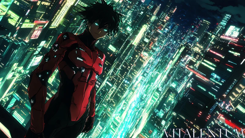 Cybernetic sentry overlooking neon-saturated vertical megacity.