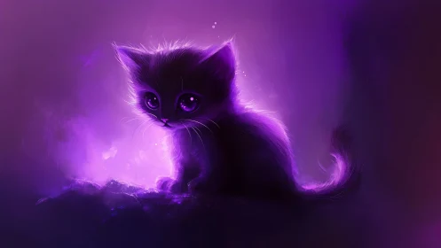 Glowing purple kitten silhouette bathes in ethereal neon light.