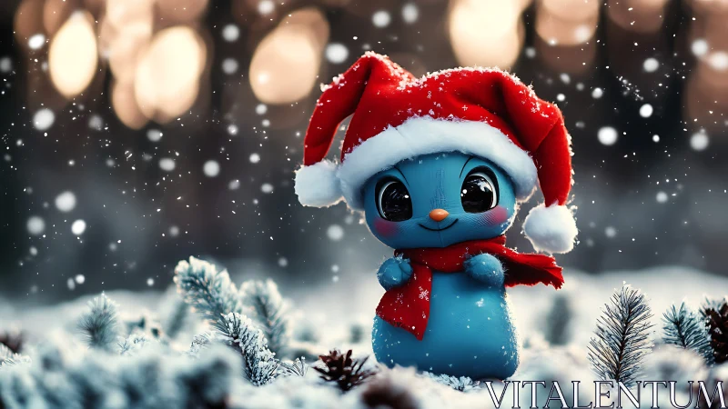 Festive blue snow friend in cozy winter wonderland.