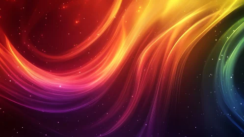Curved multicolor light streaks on dark starry gradient background.