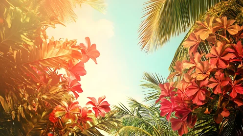 Sunlit tropical blossoms glowing under a dreamy sky.