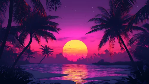 Neon dusk lagoon with electric palms and molten sun globe.