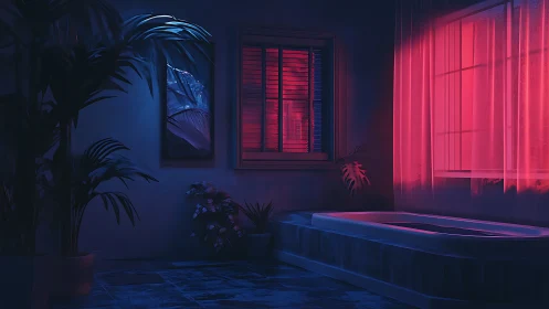 Moody bathroom interior under blue and red neon light.