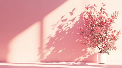 Soft pink plant in sunlight casts poetic wall shadows.