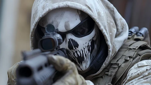 Masked tactical soldier aims rifle with skull faceplate