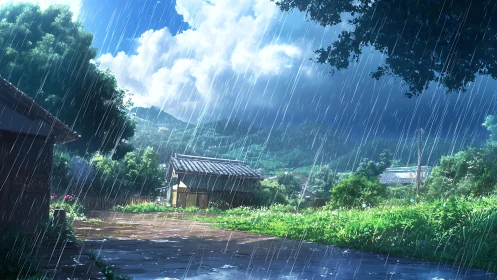 Anime rural rainscape with dynamic perspective composition.