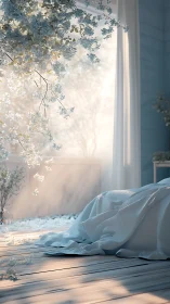 Soft morning light over bed beneath white blossom branches.
