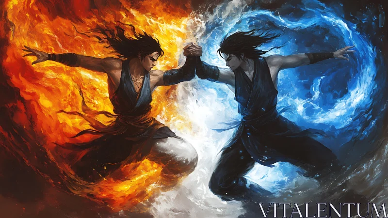 Fire and ice warriors clash in a swirling elemental duel.