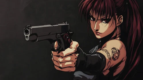 Armed anime heroine in dynamic close-up with pistol raised.