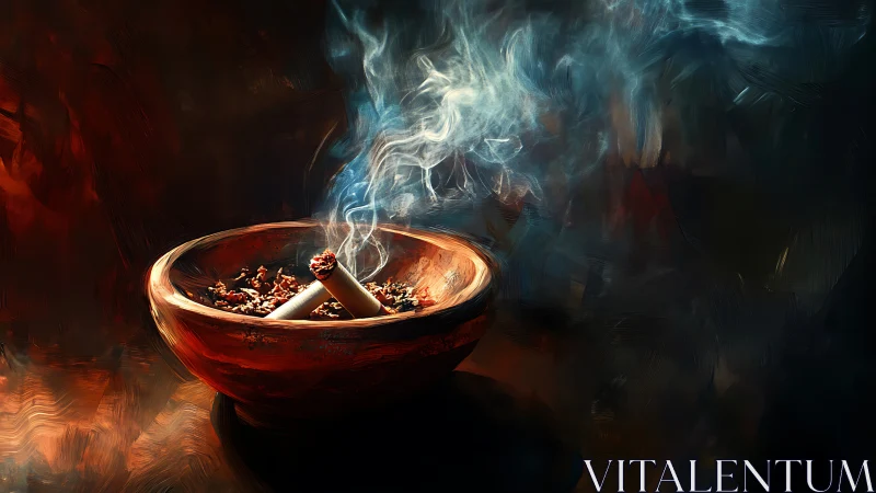 Turbulent smoke plume over embered bowl in chiaroscuro space.