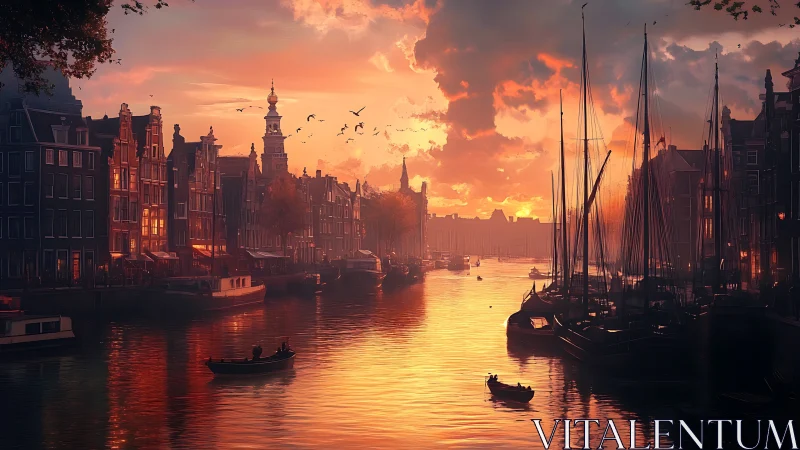 Golden hour gently glows over a peaceful European canal town
