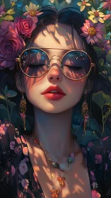 Floral sunglasses portrait with luminous butterfly jewelry.