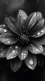 Black and white macro photograph of single flower bloom with water droplets on petals