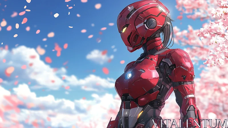 Gentle red mecha heroine under drifting cherry blossoms.