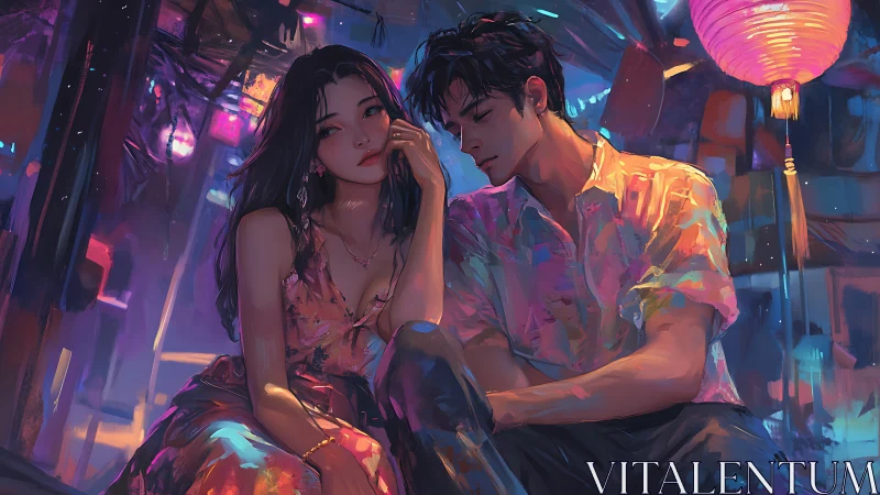 Melancholic couple share quiet night beneath neon lanterns