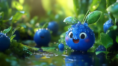 3D-rendered anthropomorphic blueberry in wet forest scene