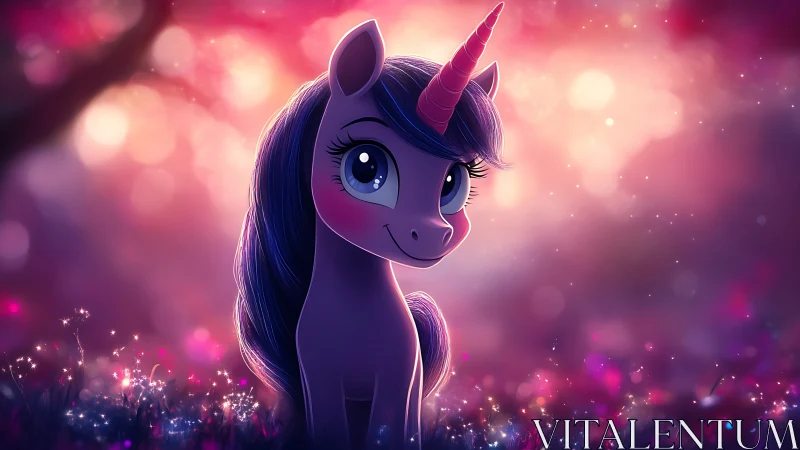 Whimsical violet unicorn under luminous bokeh sunset.