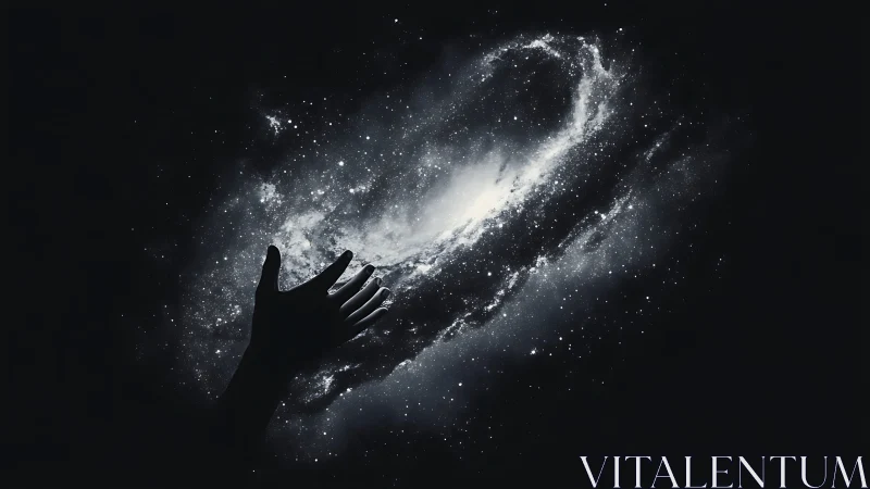 Hand reaching toward glowing spiral galaxy in deep space.