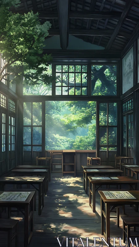 Sunlit wooden classroom opening onto lush forest view.