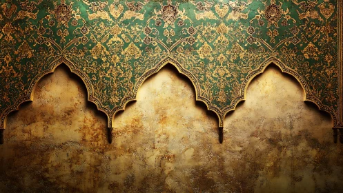 Ornate emerald arches whisper across a timeworn ochre wall