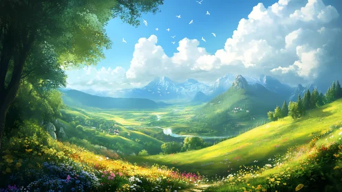 Sunlit alpine valley with wildflower meadows and soaring birds.