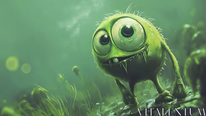Wide-eyed green creature explores a misty alien bog.