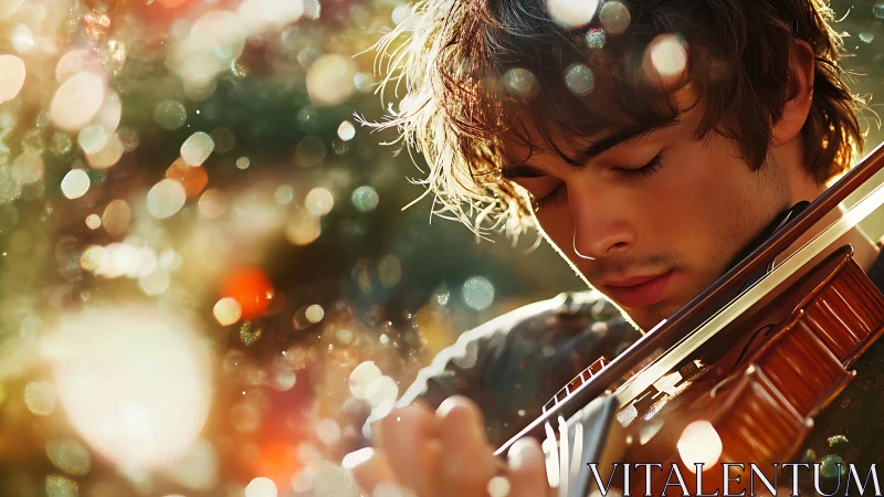 Violinist in golden bokeh light with intimate close-up focus.