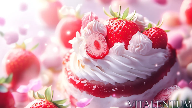 Strawberry Cream Cupcake with Pink Bokeh Background.