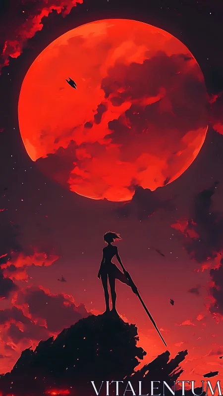 Warrior silhouette under massive red moon in sky.