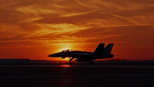 Silhouetted fighter jet rolls across runway at fiery sunset.