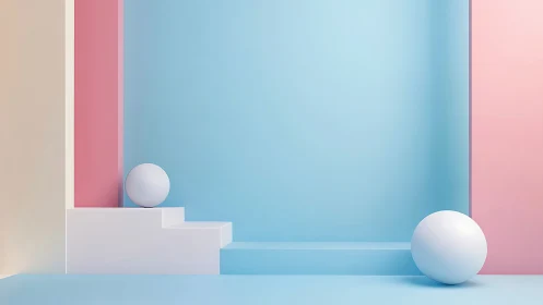 Minimal 3D pastel stage with geometric spheres and planes.