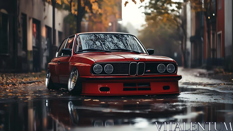 Lowered red BMW classic glows on a wet autumn city street