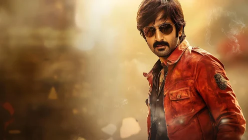 Brooding hero in red jacket strides through golden haze